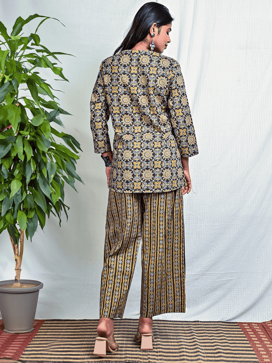 Mustard-Black Ajrakh Printed Cotton Shirt Top