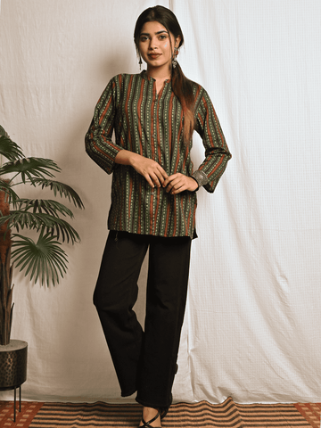 Green Ajrakh Printed Cotton Shirt Top