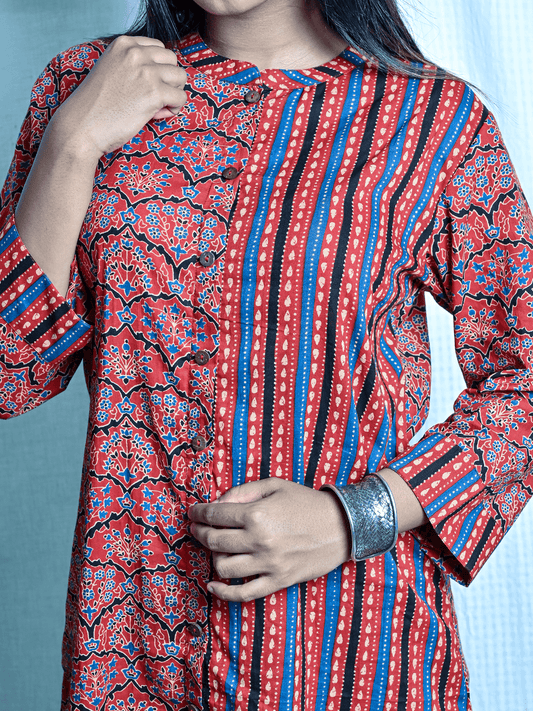 Red Ajrakh Printed Half & Half Co-ord Set (set of 2)