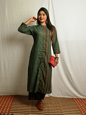 Green Ajrakh Printed Half & Half Co-ord Set (set of 2)