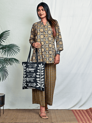 Mustard-Black Ajrakh Printed Cotton Shirt Top
