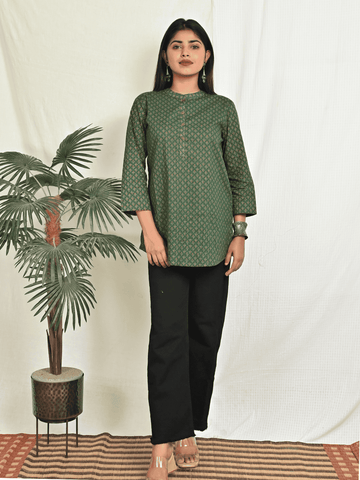 Green Ajrakh Printed Cotton Top