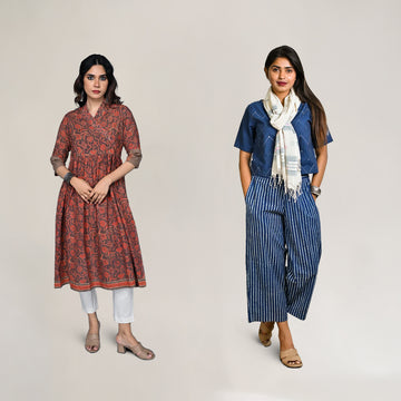 Bundle of Indigo Handwoven Crop Top & Rust Ajrakh A-Line Dress
