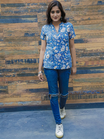 Blue Hand Block Printed Cotton Short Top