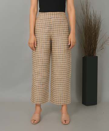 Beige Checks Handwoven Cotton Flared Pant