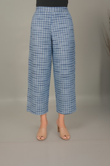 Blue Checks Handwoven Cotton Flared Pant