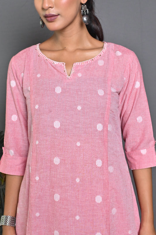 Pastel Red Stripe Co-ord Set with Hand Embroidery Detailing (Set of 2)