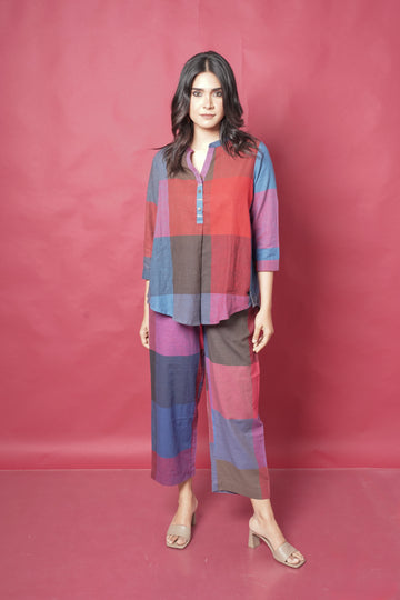 Red-Blue Checks Handwoven Co-ord set with buttons detailing & Pants (set of 2)