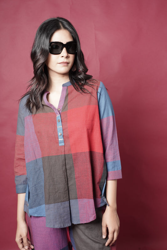 Red-Blue Checks Handwoven Co-ord set with buttons detailing & Pants (set of 2)