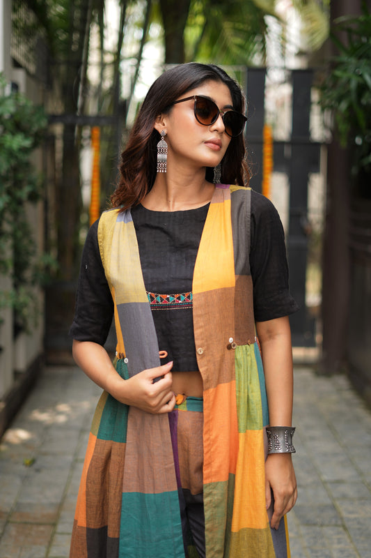 Mustard Multicolour Checks Handwoven Long Overlay