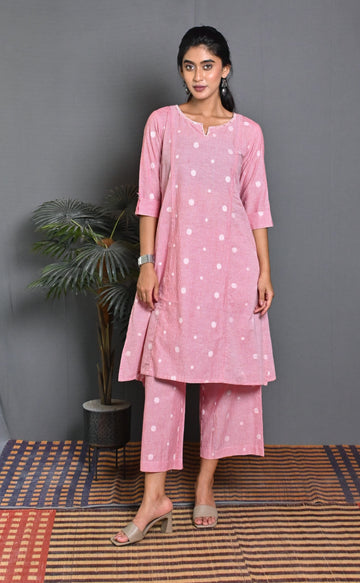 Pastel Red Stripe Coord Set With Kantha Embroidery Detailing On Neck