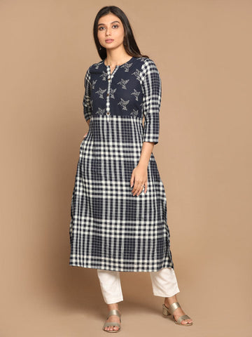 Indigo Straight Cut Kurta with Checks & Hand Embroidery Detailing