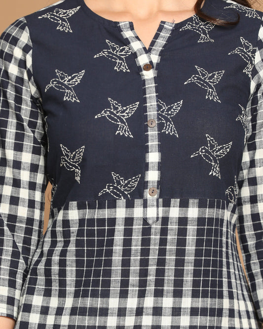 Indigo Straight Cut Kurta with Checks & Hand Embroidery Detailing