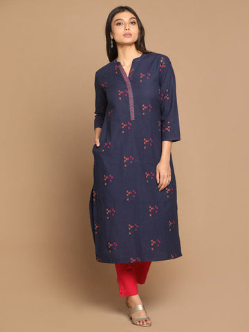 Indigo-Pink Straight Fit Cotton Kurta with Hand Embroidery Triangles