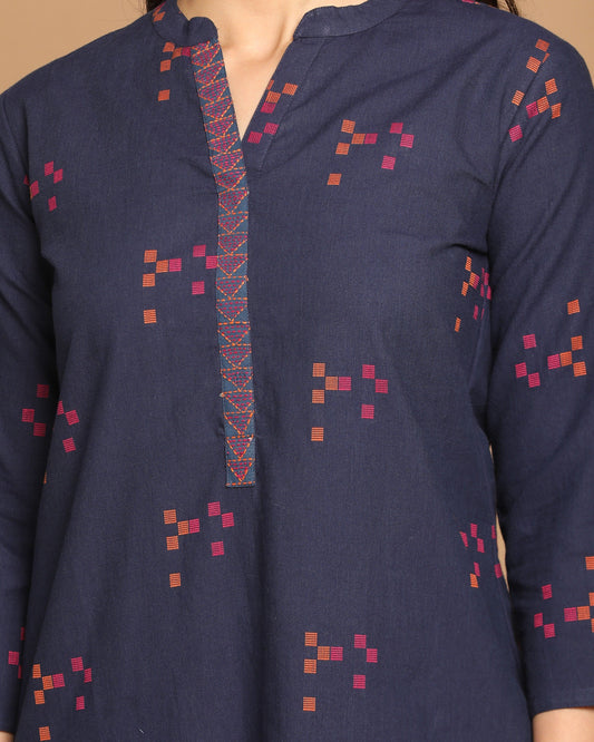 Indigo-Pink Straight Fit Cotton Kurta with Hand Embroidery Triangles