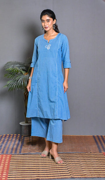 Blue Stripe Coord Set With Kantha Embroidery Detailing On Neck