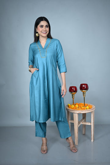 Teal Silk Slub Kurta with Hand Embroidery and Teal Silk Slub Pants Co-ord Set (set of 2)