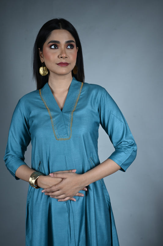 Teal Silk Slub Dress with Hand Embroidery Detailing