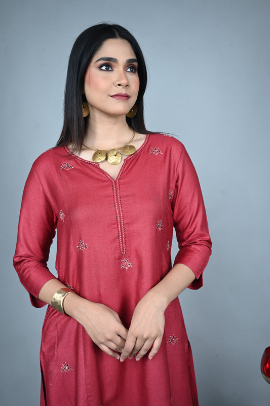 Red Silk Slub Kurta with Hand Embroidered Yoke and Silk Slub Pants Co-ord Set (set of 2)