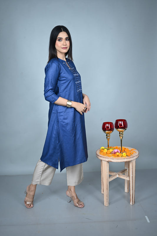 Blue Tassar Silk Kurta with Hand Embroidered Yoke and Silk Blend Pants Co-ord Set (set of 2)