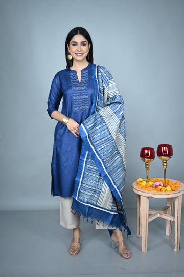 Blue & White Tassar Silk Dupatta with Hand Block Print