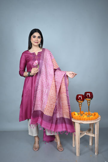 Pink Tassar Silk Dupatta with Hand Block Printing