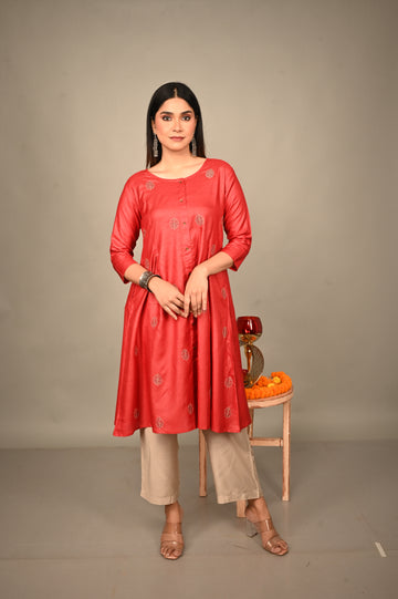 Red tassar Silk Kurta with Floral Hand Embroidery All Over and Grey Silk Blend Pants Co-ord Set (set of 2)