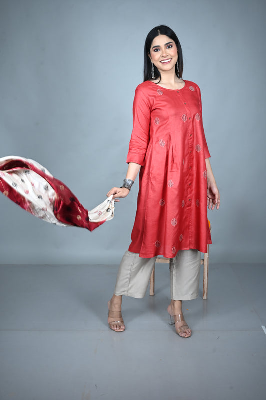 Red & White Tassar Silk Stole with Hand Embroidery