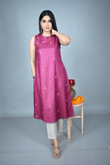 Purple Tassar A-Line Kurta with Leaf Hand Embroidery All over and Grey Silk Blend Pants Co-ord Set (set of 2)