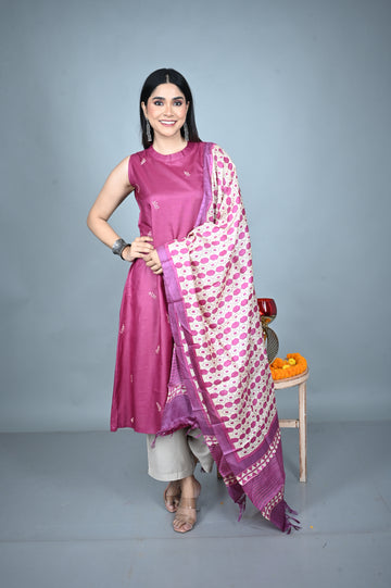 Fuchsia Pink Tassar Dupatta with Hand Block Printing
