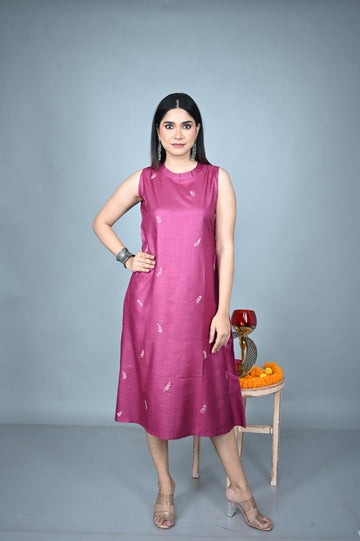 Fuchsia Pink Tassar A-Line Kurta with Leaf Hand Embroidery All over and Grey Silk Blend Pants Co-ord Set (set of 2)