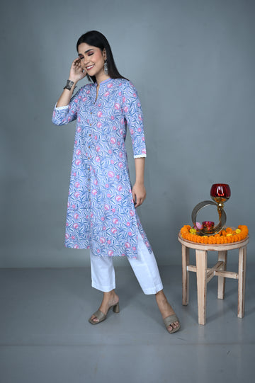 Blue Hand Block Printed Kurta with Hand Embroidered Collar