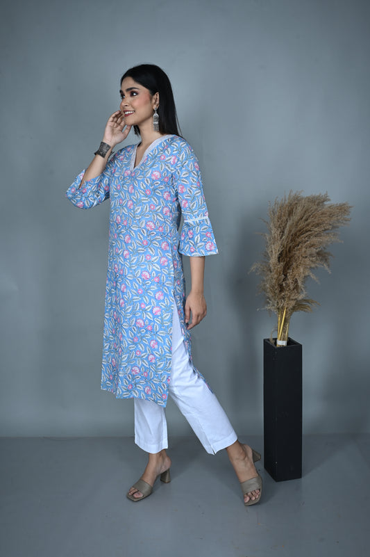 Blue Block Printed Straight Kurta with Hand Embroidery on Neckline