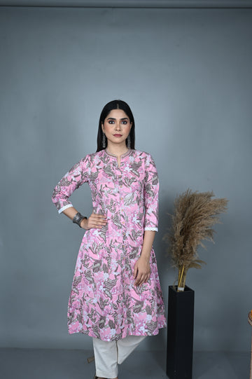Pink Floral Block Printed A-line Kurta with Hand Embroidered Collar