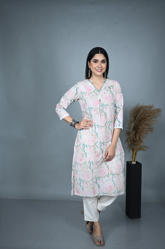 Green Floral Block Printed Kurta with Hand Embroidery on Neckline