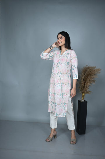 Green Floral Block Printed Kurta with Hand Embroidery on Neckline