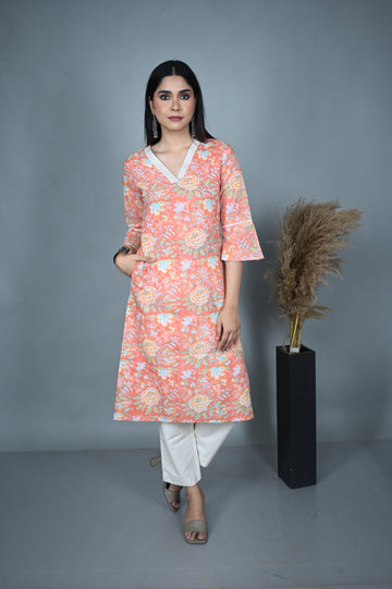 Coral Block Printed Straight Kurta with Hand Embroidery on Neckline