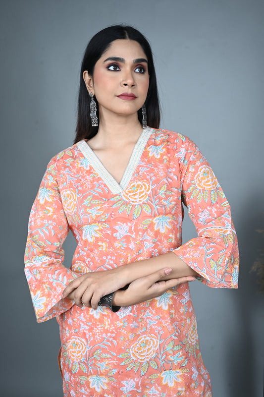 Coral Block Printed Straight Kurta with Hand Embroidery on Neckline