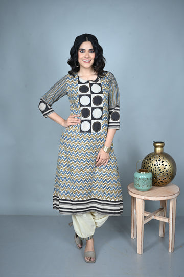Mustard Black Zig-Zag Ajrakh Hand Embroidered Kurta with Ivory Pathani Pants Co-ord Set (set of 2)