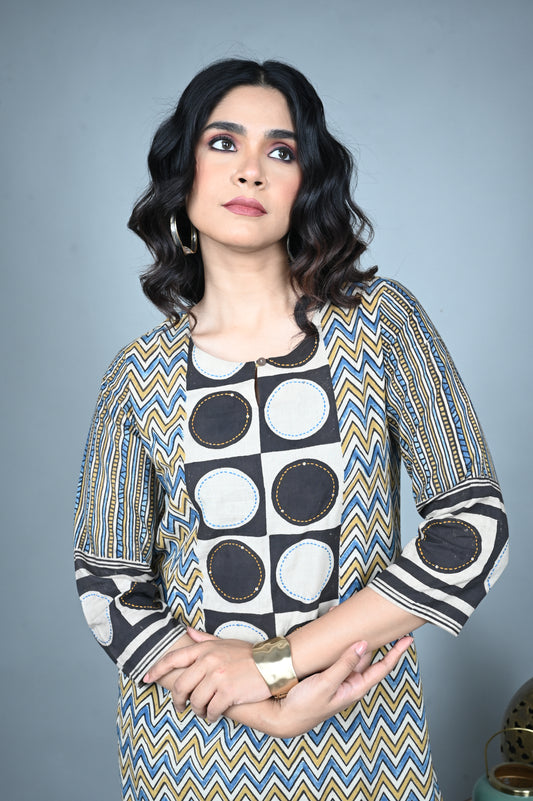 Mustard Black Zig-Zag Ajrakh Hand Embroidered Kurta with Ivory Pathani Pants Co-ord Set (set of 2)