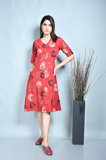 Red Ajrakh Block Printed Front Open A Line Dress With Kantha Hand Embroidery Detailing