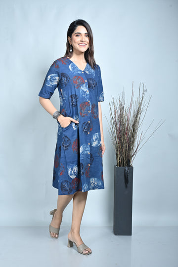 Indigo Ajrakh Block Printed Front Open A Line Dress With Hand Embroidery Detailing