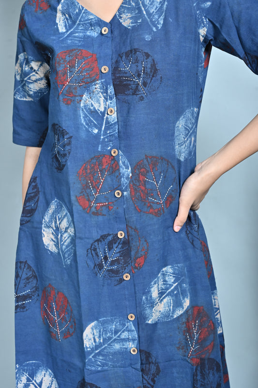 Indigo Ajrakh Block Printed Front Open A Line Dress With Hand Embroidery Detailing