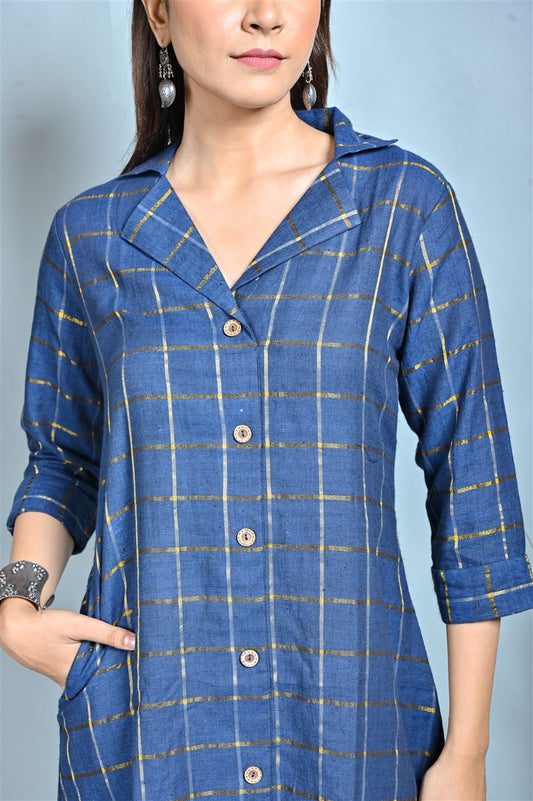 Indigo Zari A Line Dress With Lapel Collar