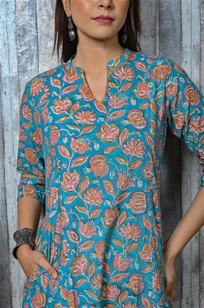 Turquoise Floral Block Printed Three Panel A Line Kurta with Hand Embroidery Detailing