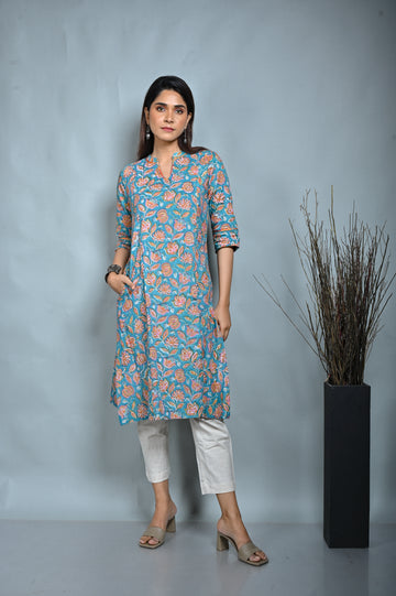 Turquoise Floral Block Printed Three Panel A Line Kurta With Kantha Hand Embroidery Detailing
