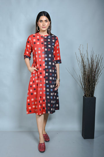 Red-Black Ajrakh Block Printed A Line Dress With Zipper
