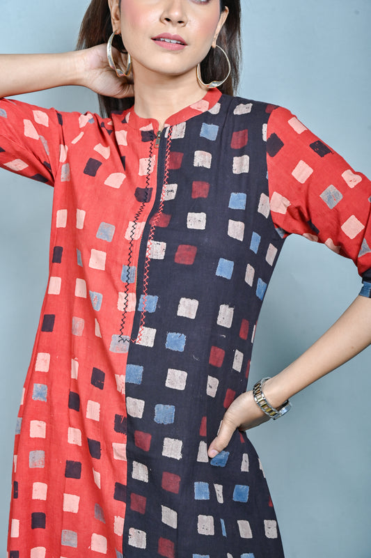 Red-Black Ajrakh Block Printed A Line Dress With Zipper