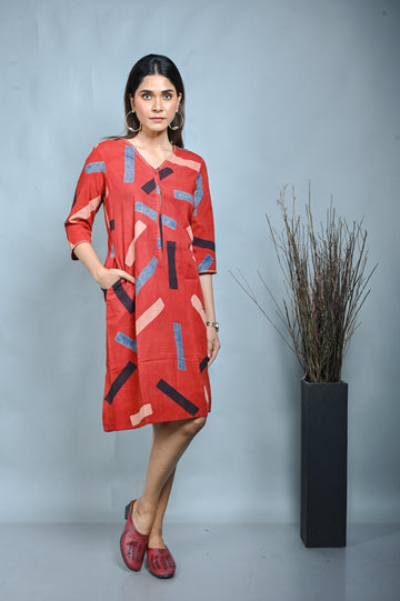 Red Ajrakh A Line Zipper Dress With Kantha Hand Embroidery On Neck And Sleeves