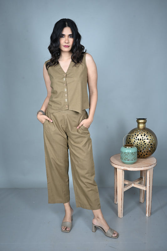 Mud Brown Handwoven Top with Pants Co-ord Set (set of 2)